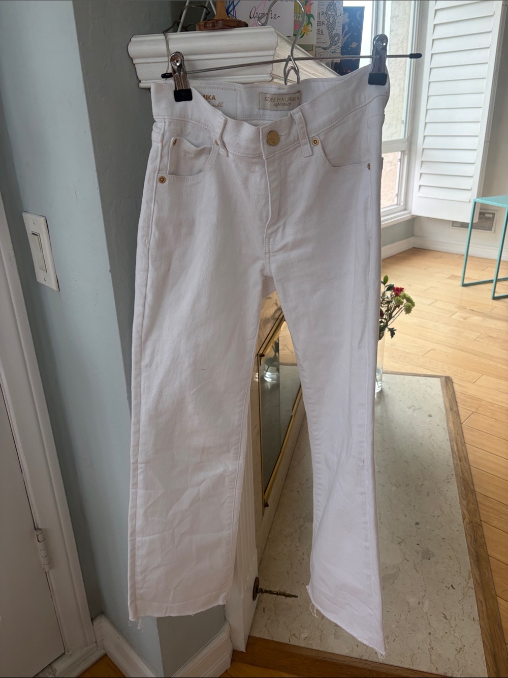 Kobi Halperin White High-Rise Straight Leg Ankle Jeans with Gold Hardware
